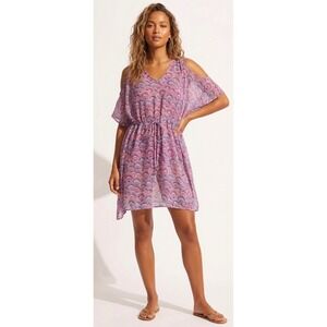 The Royal Standard Cold Shoulder Swim Cover Up Dress Pink Blue Fan Print S/M